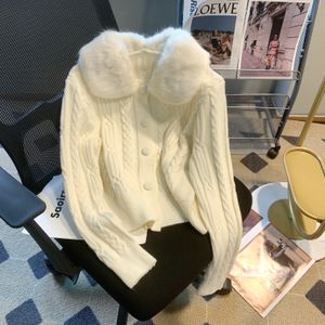 Femmes fausse fourrure col rabattu laine grossière tricoté pull court manteau cardigan