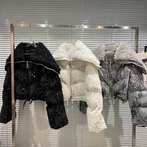 Manteau parkas en fausse fourrure d'agneau pour femme, col rabattu, paillette, paillettes brillantes, rembourrées en coton