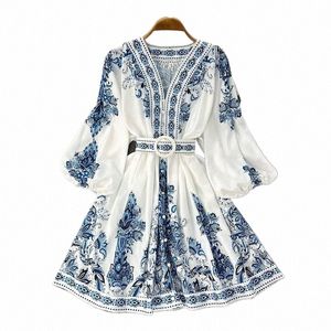 Fi's Fi Autumn New Blue Print V-Neck LG LG Sleeve Bohemian Dr Elegant Femme's Belt Lantern Sleeve Holiday Vestidos K67A #