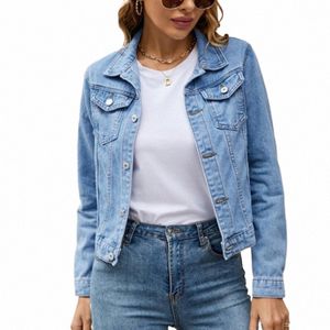 Fi Slim Fit Polo Col Denim Manteau Solide Revers Butt Poche Lg Manches Jean Veste Streetwear Mujer Tops 74vh #