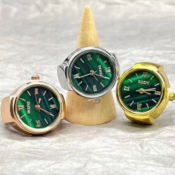 Montre à doigt pour femme, plaqué or et argent, bague rétro, mini quartz, cadran vert, montre pour hommes et femmes, bague, bijoux, montres pour enfants, montres-bracelets uniques