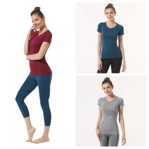 Dames fitness outdoor yoga sneldrogende kleding, effen kleur T-shirt, sexy sneldrogende dans, fitnessoefening, ochtendrun, ronde hals, TS met korte mouwen