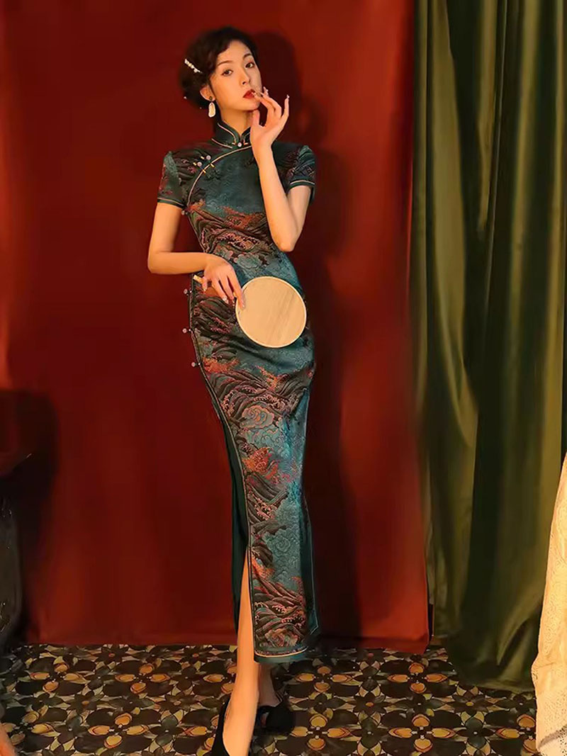Dames bloemen cheongsam maxi-jurk sexy lange split Chinese qipao slanke avondfeestjurk