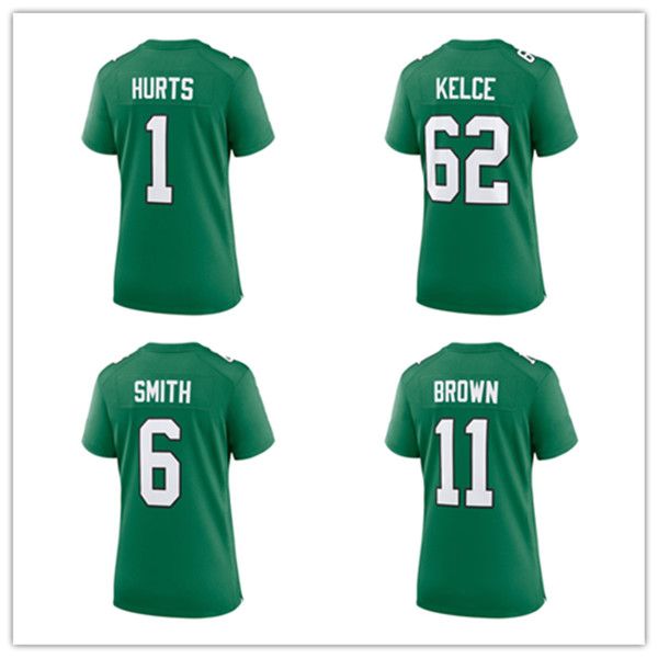 Maillot de football pour femmes Jalen Hurts 1 Brown 11 Devonta Smith 6 Jason Kelce 62 Kelly Green Throwback Legand Lady Taille S-XXL Maillots cousus Vert Noir Blanc Couleur