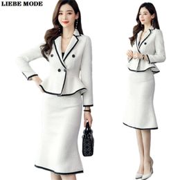 Costume de jupe en tweed formel pour femmes pour femmes et ensemble de vestes 2 pièces bureau dame vêtements hiver noir blanc Blazer avec s 220302
