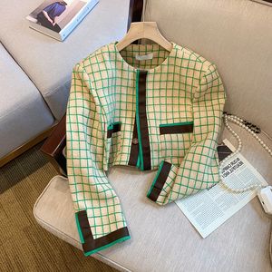Damesjassen in Franse stijl retro hoge taille korte groene geruite tweed wollen jas MLXLXXL