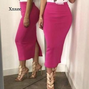 Dames fuchsia roze potlood rok val casual effen kleur kalf rok elegante dames terug split rok M-XXL paars zwart sexy off x0428