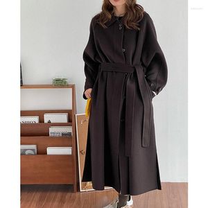 Femmes fourrure 2022 automne hiver manteau corée avant profil mode ceinture longue laine cachemire