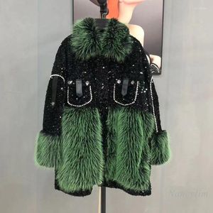 Damesbont 2022 Zwart lovertjes stiksel groen imitatie jas vrouwen winter midden lengte losse warme houdplaats toka materiaal overjassen
