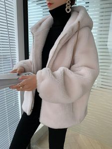 Damesbont 2022 Fashion wol graan fleece content stof winter jas real dames jas dik losse capuchon warme streetwear