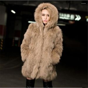 Fourrure pour femmes 2022 Faux manteau hiver femmes plumes de renard longues Sections Imitation vêtements d'extérieur chaud à capuche artificiel Surcoat
