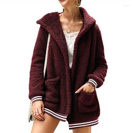 Damesbont 2022 losse wollen jas met hoed gestreepte lange jas winter dik warme mix Cardigan Abrigos mujer Invierno