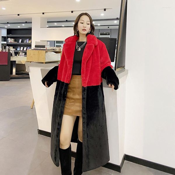 Femmes fourrure 2022 hiver ample grande taille 5XL vison fausse couture mi-longueur chaud manteau en peluche costume col femmes