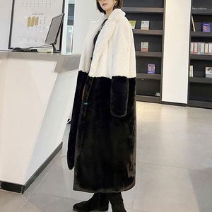 Manteau mi-long en fourrure de vison pour femme, ample, polaire, fausse couture, col de costume, hiver 2022