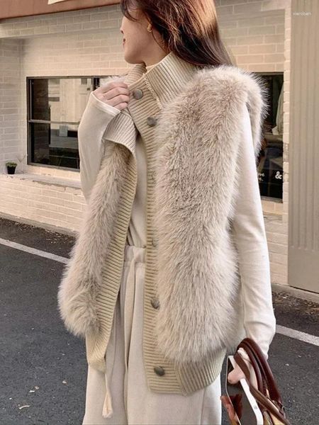 Fourrure pour femmes 2023 automne hiver élégant tricoté gilet manteau femmes décontracté sans manches pull solide épais chaud Jacker vêtements d'extérieur pour femmes Chic