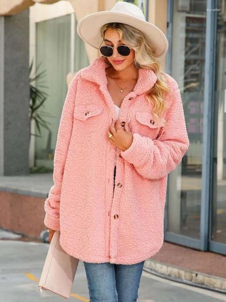 Abrigo de peluche de piel para mujer, chaqueta holgada de imitación con botones, abrigos rosas de felpa, chaquetas de oso para Otoño e Invierno 2023