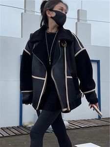 Veste floue en Faux daim noir pour femme, manteau de motard en peau de mouton, épissé d'hiver, manteau intégré épais, 2023
