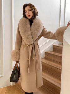 Abrigo de lana Natural con doble botonadura clásica para mujer, chaqueta de invierno gruesa con cuello grande Real para mujer 2023