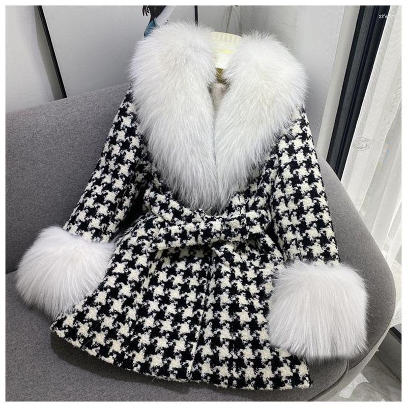 Women's Fur 2023 Coat Houndstooth Winter Jacket Woolen Mid-Length Big Collar Outerwear Female Clothes