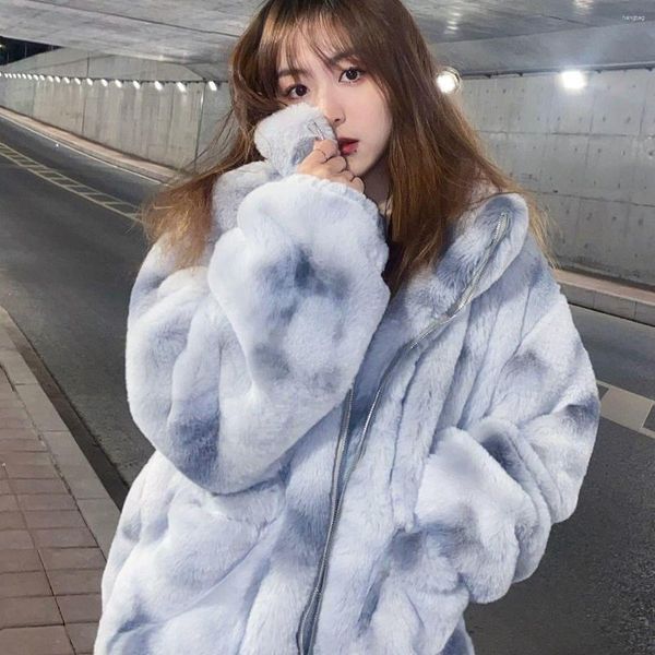 Abrigo de piel sintética de gran tamaño para mujer, chaqueta cálida y suave y esponjosa de manga larga con cremallera, moda de estilo coreano C23, 2023