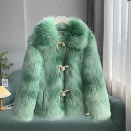 Abrigo de piel sintética de Corea para mujer, chaqueta de invierno de largo medio con hebilla de perla, prendas de vestir exteriores artificiales para mujer 2023
