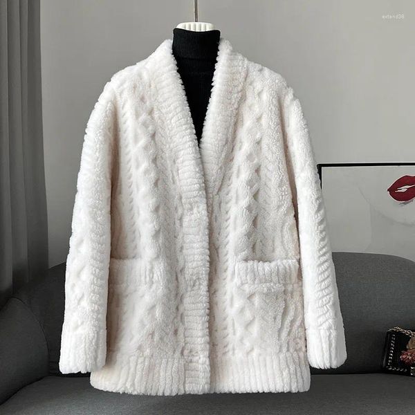 Abrigo de lana 2023 Natural para mujer, chaqueta de oveja auténtica, lujo ligero, 30% de talla grande, cálido para invierno