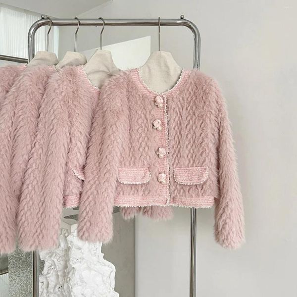 Manteau parfumé en fourrure rose doux pour femmes, avec hauts courts épais et chauds, Parkas en peluche respectueux de l'environnement, 2023