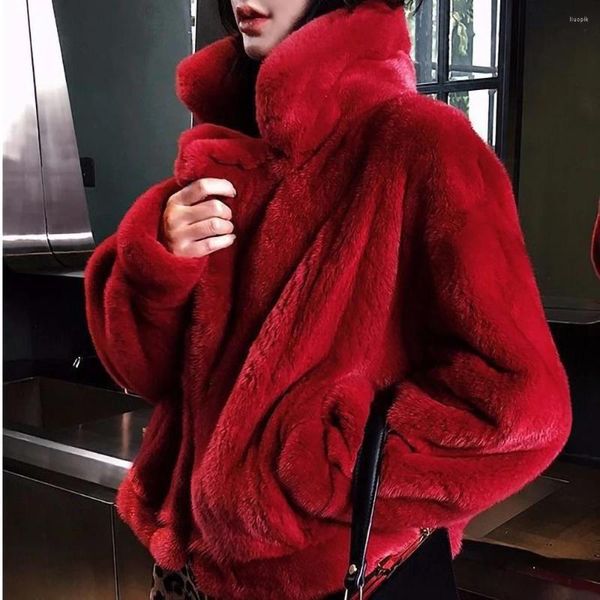 Manteau court polyvalent en fourrure pour femmes, fausse fourrure rouge, personnalisé, à la mode, pour blogueur, tournage de rue, ceinture cadeau pour femmes, hiver 2023