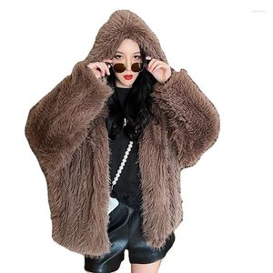 Manteau d'hiver en fourrure pour femme, fausse veste à capuche, Teddy, manches Raglan amples, peluche ours brun, hauts moelleux, 2023