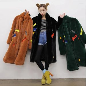 Femmes fourrure 2023 hiver mode femmes longue épaisse chaude lettre motif Faux manteau femme revers veste surdimensionné vêtements