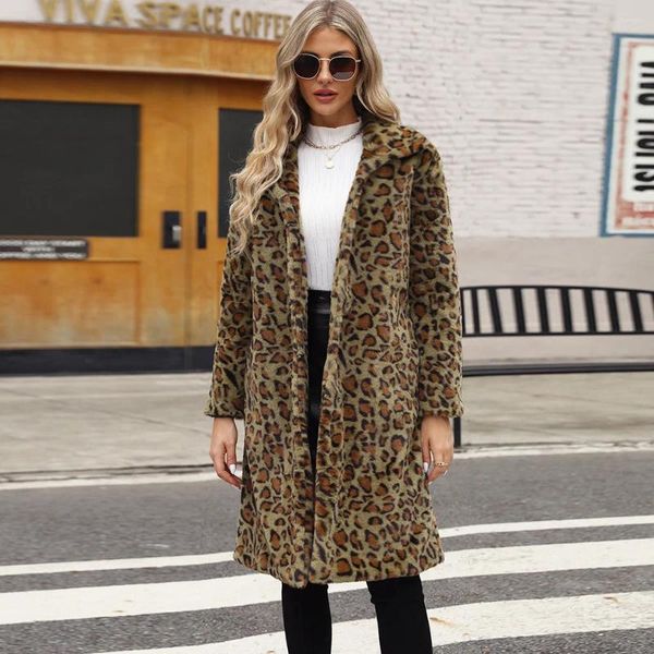 Piel de mujer 2023 abrigo de imitación de invierno para mujer cuello vuelto estampado de leopardo ropa de abrigo de felpa moda Casual Oficina señora abrigo cálido chaquetas