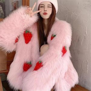 Manteau intégré en fourrure pour femmes, tissage de cheveux, fraise, chérie, vêtements amples, coupe cintrée, hiver 2023