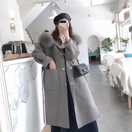 Damesbont 2023 winter dames wollen jassen met natuurlijke kap lange grote zakken bovenkleding streetwear mujeres abrigos