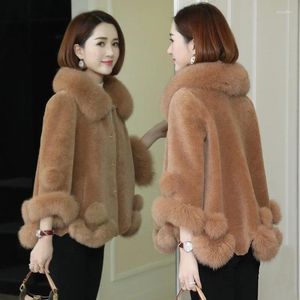 Abrigo de lana de cordero de invierno 2023 para mujer, abrigo con cuello de imitación de retales, chaqueta femenina Vintage, Chaqueta corta de moda coreana N27