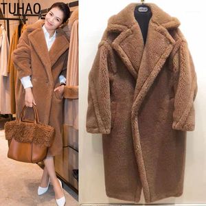 Abrigo largo grueso y cálido de cordero para mujer, prendas de vestir holgadas con oso de peluche, diseño de pasarela de invierno, 2023
