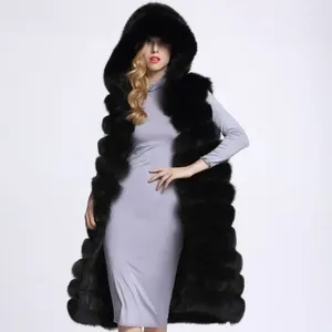 Faux manteau en fourrure pour femme, sans manches, moelleux, Slim, avec capuche, épais et chaud, Long, veste d'extérieur, hiver 2023