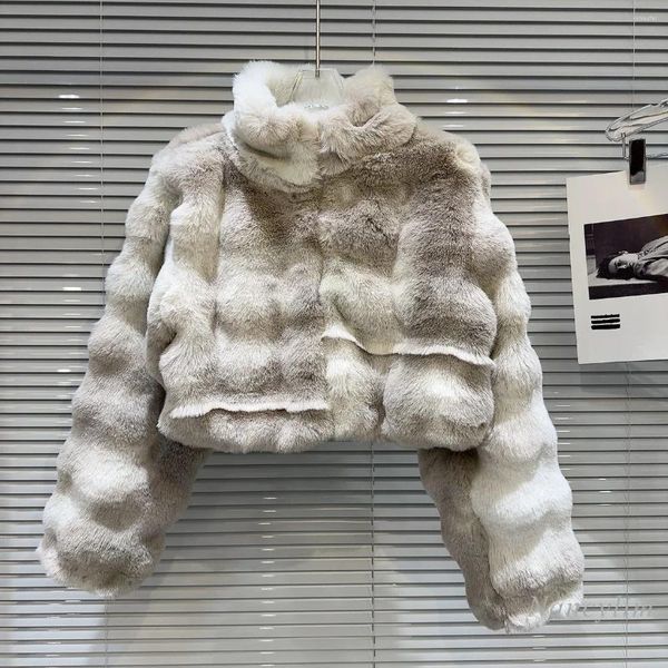 Abrigo corto suave de piel para mujer, tejido de lana similar a visón degradado, diseño ondulado, Chaquetas de calle acolchadas que mantienen el calor, invierno 2023