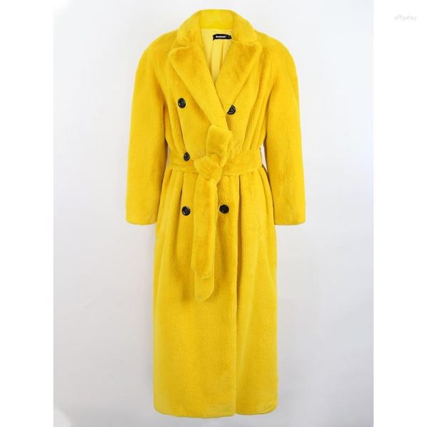 Fourrure de femme 2023 hiver femmes ceintures double boutonnage moelleux pardessus long jaune noir chaud faux vison cisaillé trench-coat veste épaisse