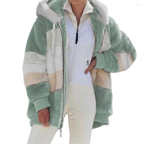 Abrigo de piel para mujer, abrigo de invierno a la moda informal con costuras a cuadros, ropa con capucha y cremallera, chaqueta cálida de Cachemira para mujer 2023