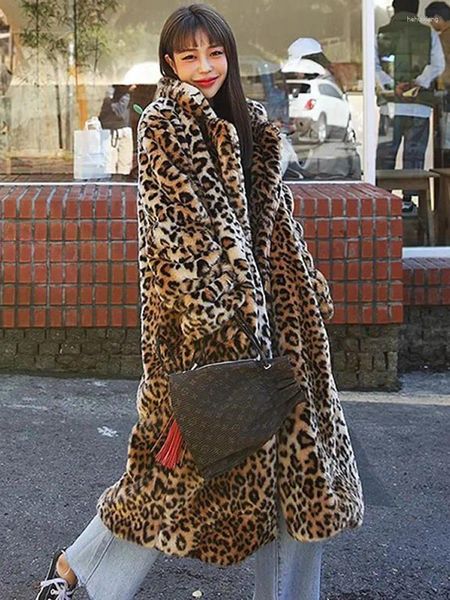 Abrigo de piel sintética con estampado de leopardo para mujer, Túnica empalmada de manga larga a la moda, ropa de abrigo gruesa y cálida para invierno 2023