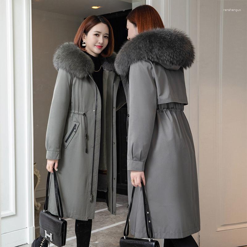 Kvinnors päls 2023 Kvinnor Raccoon Collar Coat Long Rex Liner avtagbar parkas vinter plus storlek tjock varm huva utkläder