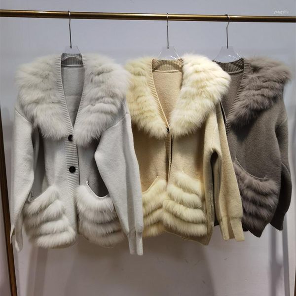 Manteau pull surdimensionné en fourrure pour femmes, col réel et poches, tricot Patchwork, mode dame, automne hiver, luxe, 2023
