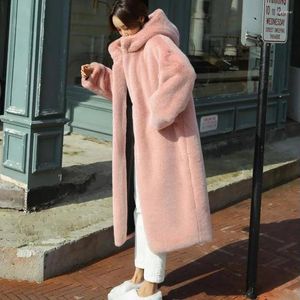 Manteau Long à capuche en fausse fourrure pour femme, pardessus ample et épais, en peluche, grande taille, collection hiver 2023