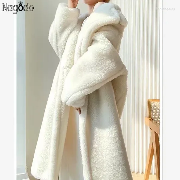 Abrigo de oso de peluche largo de mezcla de lana 2023 de piel para mujer, chaqueta gruesa cálida de imitación para mujer, abrigo informal holgado de talla grande, abrigos