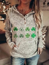 Mujer Fur 2024 St Patrick's Irish Festival Top Clover Print Sudadera con capucha Botón Manga larga Suéter Mujer