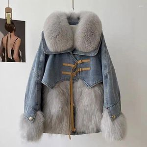 FOURS FURS 2024 Collier d'hiver en bas de jeans intérieur Parkas Fashion Fashion Short Denim Splice Imitation Coat Femelle Outwear R370