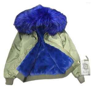 Chaqueta Bomber de tela de nailon verde militar de piel para mujer, ropa de moda de invierno para hombres y mujeres con forro y cuello de imitación azul