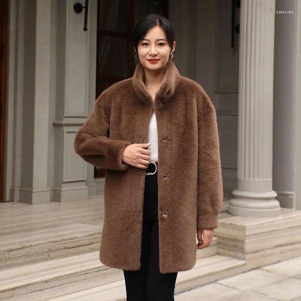 Chaqueta de piel de visón Milan para mujer, abrigo largo por encima de la rodilla, ropa con cuello levantado, prendas de vestir de nieve de lujo para otoño e invierno