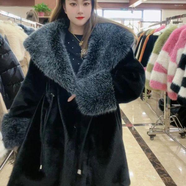 Yanqi-abrigo de piel de visón para mujer, abrigo de visón de alta calidad con cuello de pelo grande de dos colores, moda de celebridades, temperamento de otoño e invierno