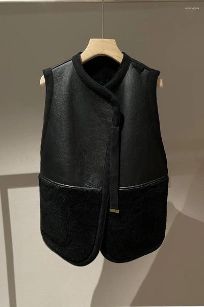 Fourrure pour femmes Automne Hiver 2023 Femmes Élégant Rétro Décontracté Revers Garniture Lâche Qualité Lourd Daim Agneau Chic Gilet Manteau Réversible Noir